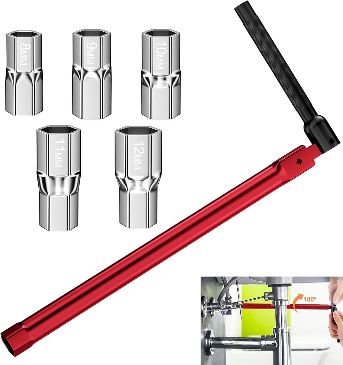 Buitenkraan sleutel - Zilver - 8-12 mm - Roestvrij Stalen Set met 5 Adapters - Voor Kraanmontage en Reparatie
