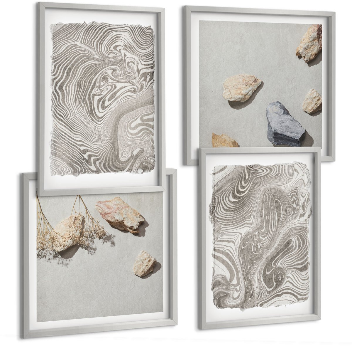 TULUP 4-Delige Schilderij Set - Abstracte schilderkunst met moderne vormen - 40 x 40 cm en 40 x 60 cm - Moderne Wanddecoratie - Woonkamer - Interieur Decoratie Zilveren lijst
