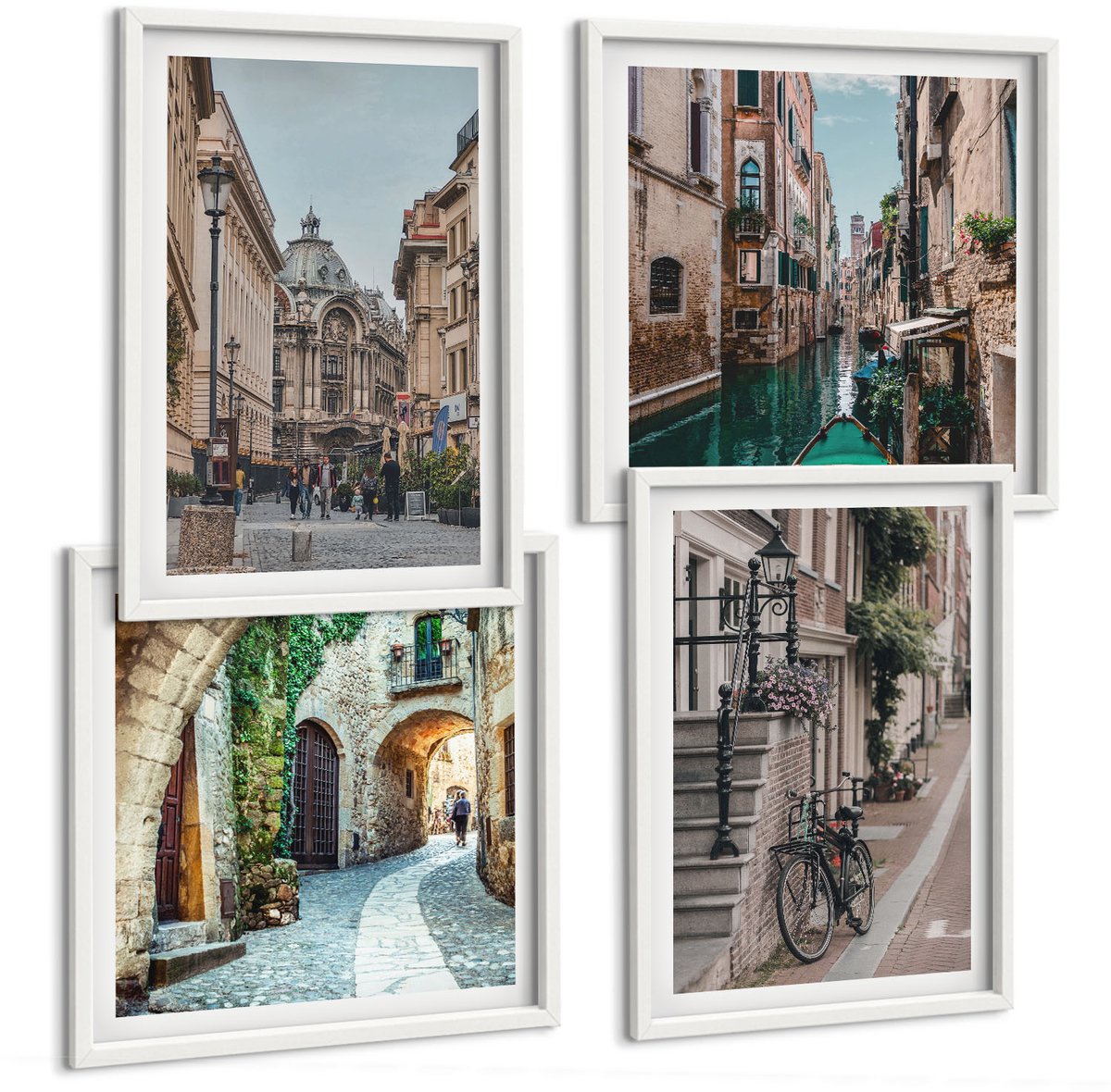 Tulup 4-Delige Schilderij Set - Venetiaanse straten van steden met architectuur en water - 40x40 en 40x60 - Decoratieve Schilderijen - Woonkamer - Interieur