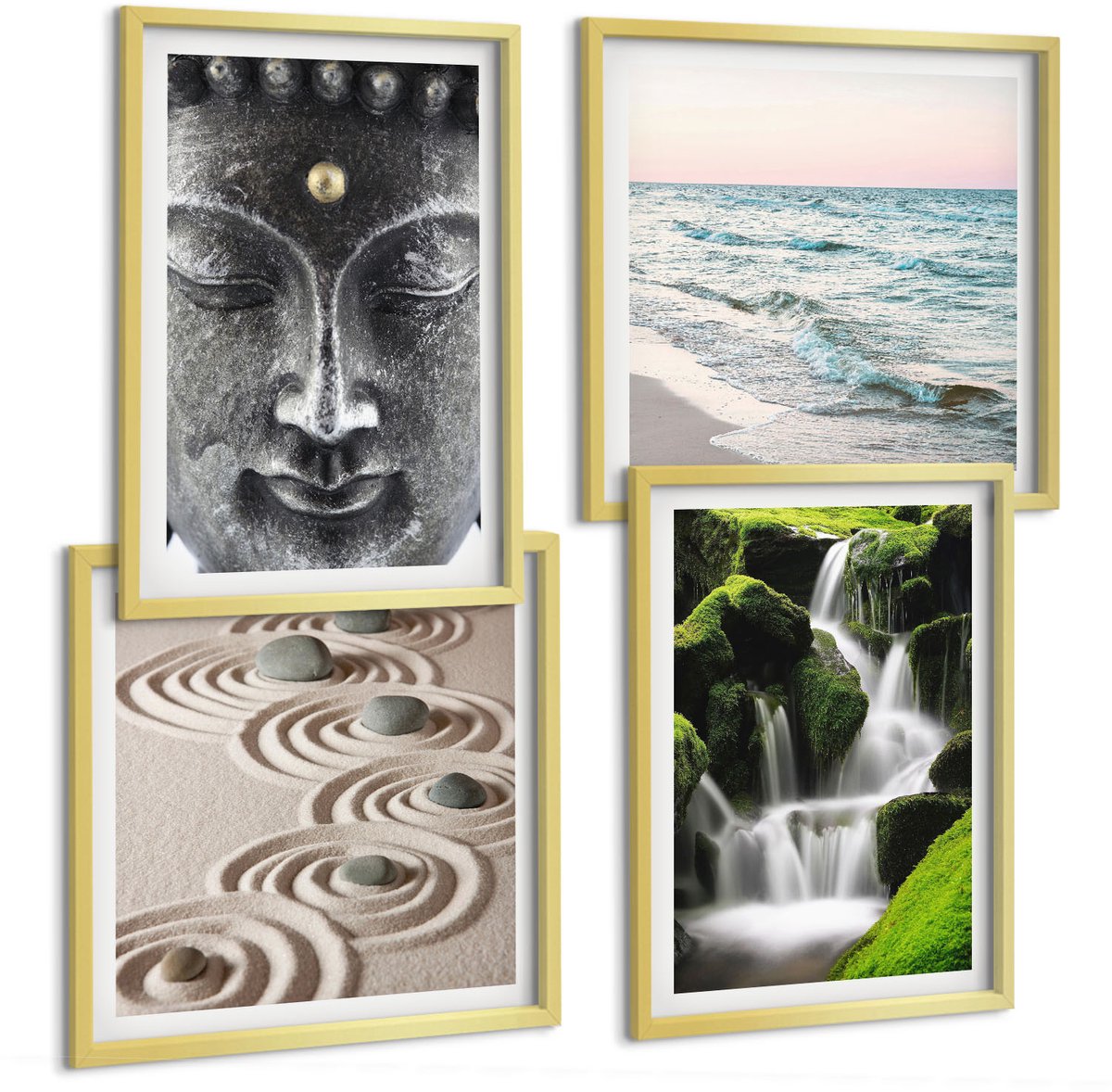 TULUP 4-Delige Schilderij Set - Rust van de natuur met stenen, een waterval en een Boeddha. - 40 x 40 cm en 40 x 60 cm - Muurdecoratie - Interieur Decoratie Gouden lijst