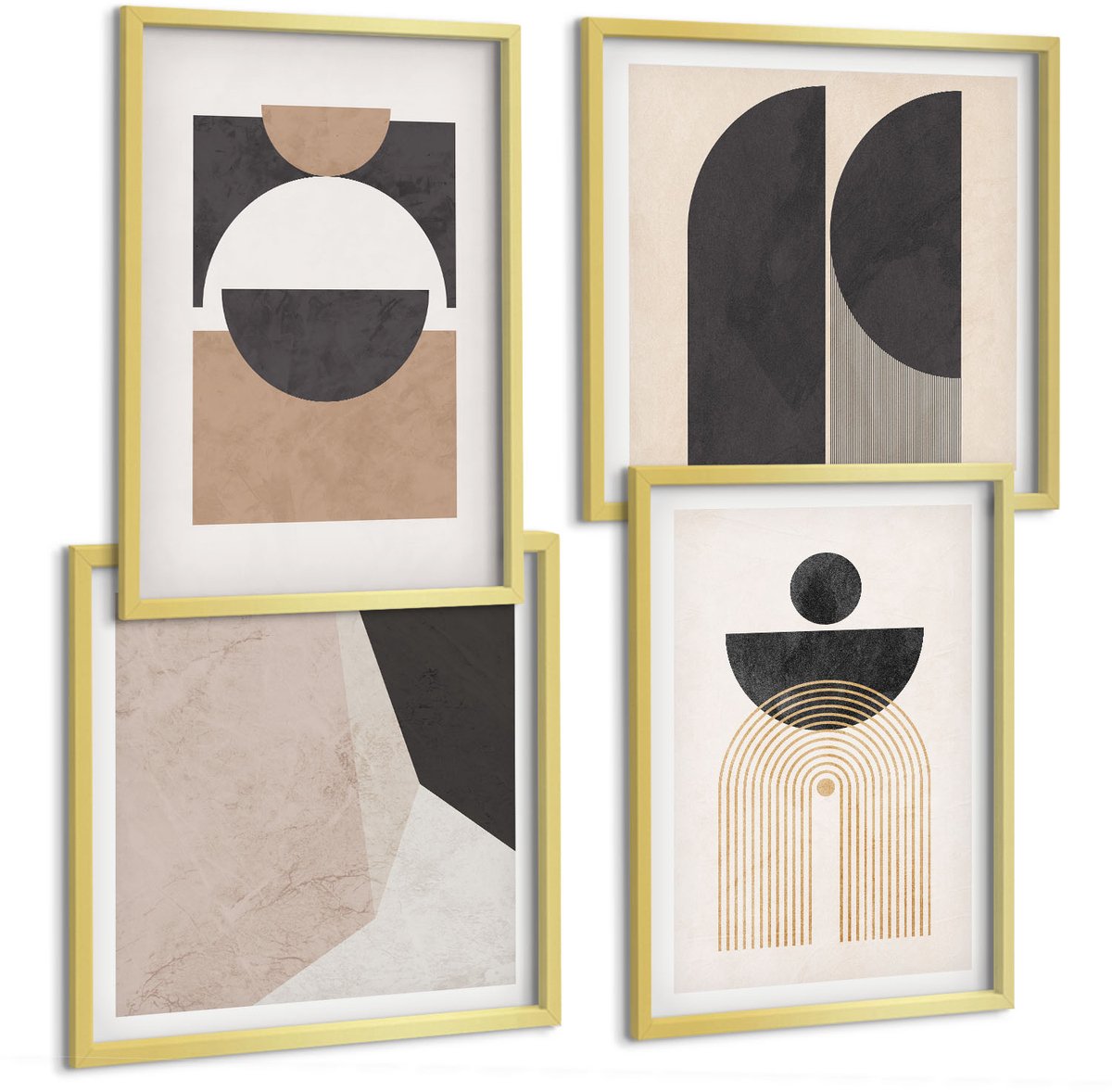 TULUP 4-Delige Schilderij Set - Abstracte vormen in beige en bruine tinten. - 40 x 40 cm en 40 x 60 cm - Decoratieve Muurdecoratie - Slaapkamer - Moderne Wanddecoratie Gouden lijst
