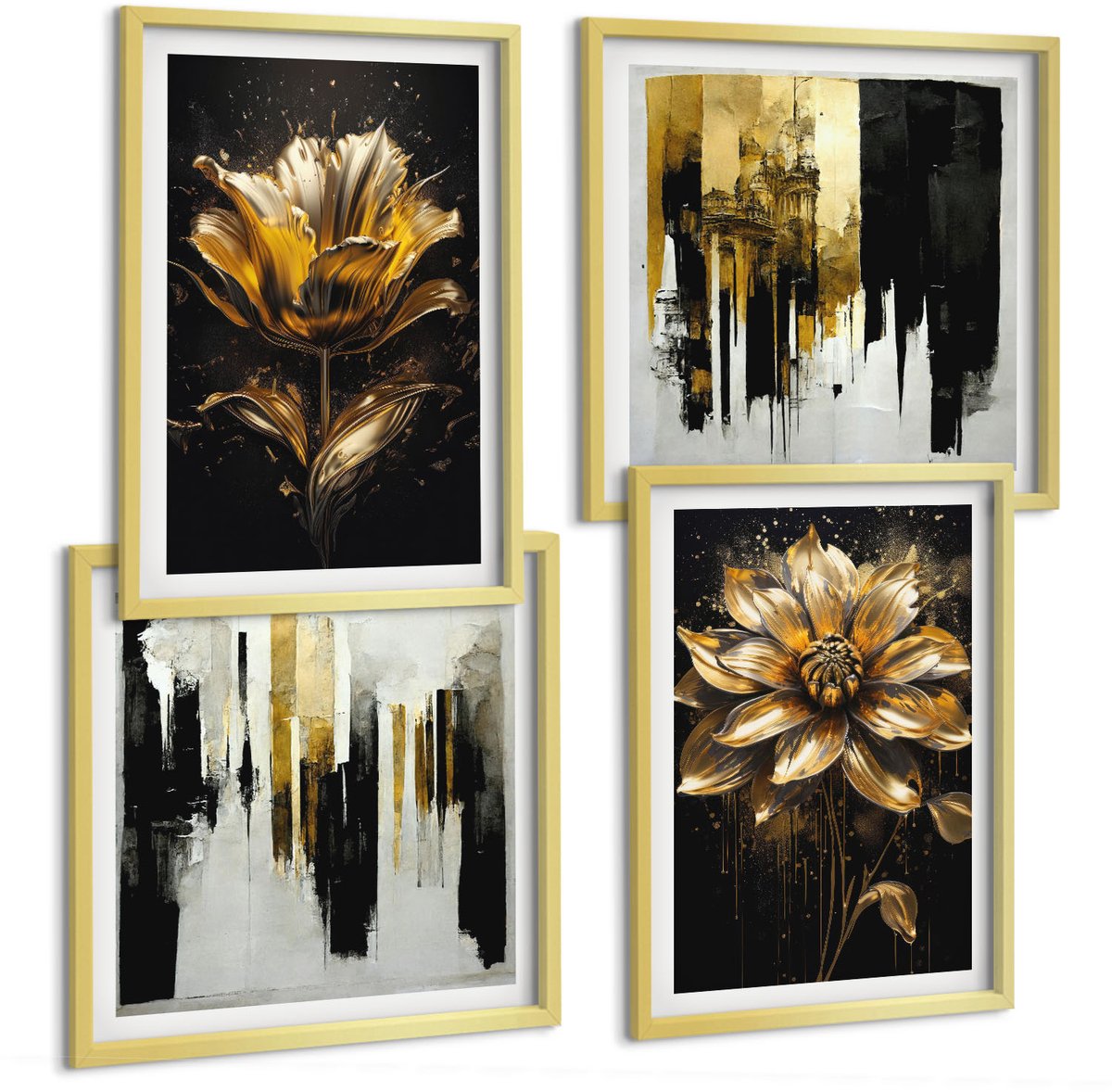 TULUP 4-Delige Schilderij Set - Stijlvolle bloemen, abstract, modern - 40 x 40 cm en 40 x 60 cm - Muurdecoratie - Schilderijen Set - Woonkamer - Interieur Decoratie Gouden lijst
