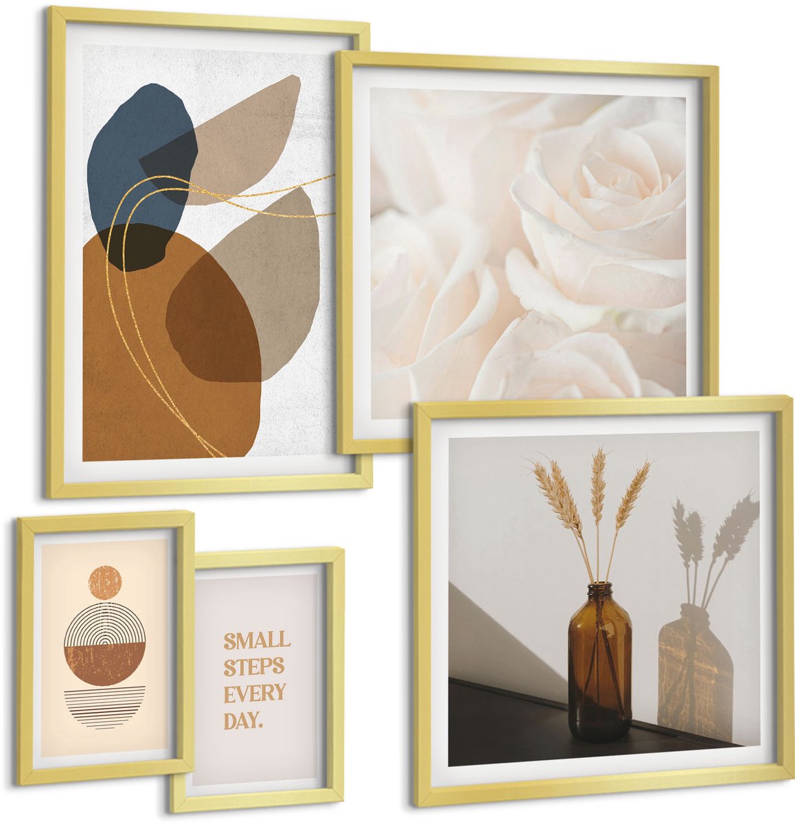 TULUP 5-Delige Schilderij Set - Decoratieve composities in boho-stijl met plantenaccenten. - 50 x 50 cm, 20 x 30 cm en 40 x 60 cm - Stijlvolle Muurdecoratie - Kantoor Gouden lijst