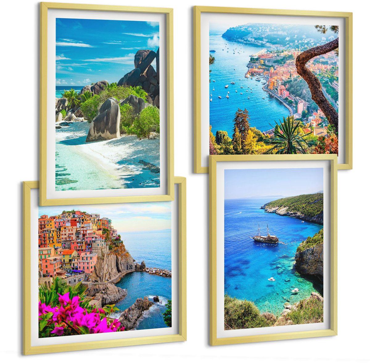 TULUP 4-Delige Schilderij Set - Uitzicht op zee met palmbomen en blauw water - 40 x 40 cm en 40 x 60 cm - Wanddecoratie - Woonkamer Decoratie - Muurdecoratie Gouden lijst