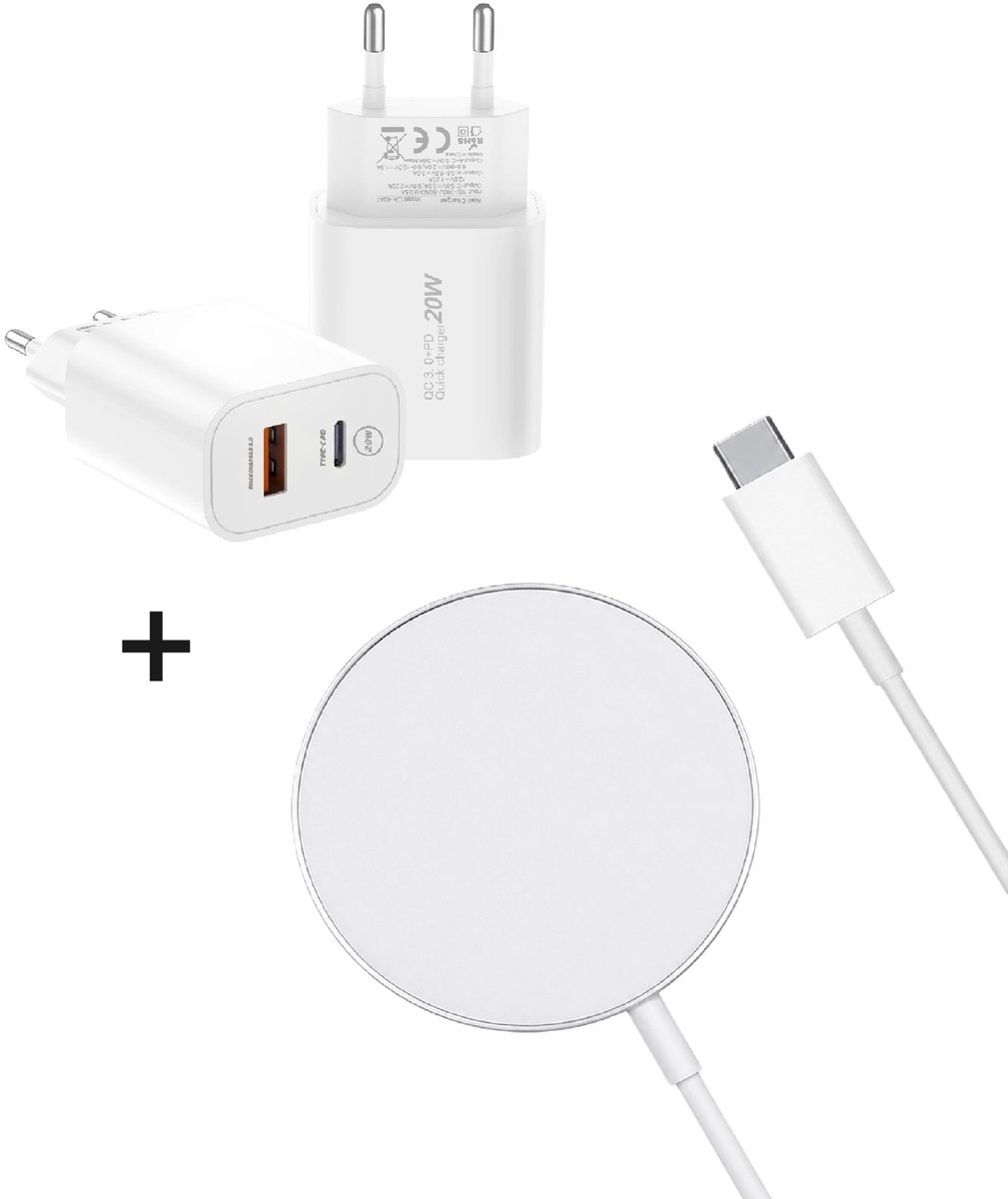 DISEV® Geschikt voor MagSafe Wireless Oplader – Draadloze oplader - Geschikt voor iPhone 12 / 13 / 14 / 15 - Geschikt voor Opladen iphone - 20W USB-C USB-A Power Adapter - USB C Adapter oplader USB stekker