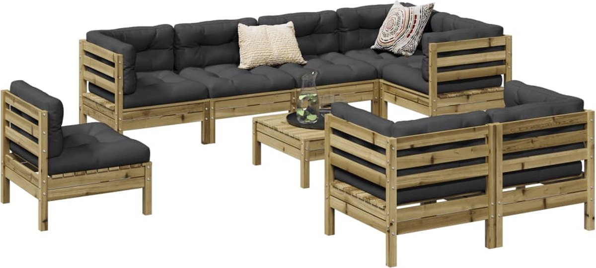 vidaXL 9-delige - Loungeset - met - kussens - geïmpregneerd - grenenhout antraciet