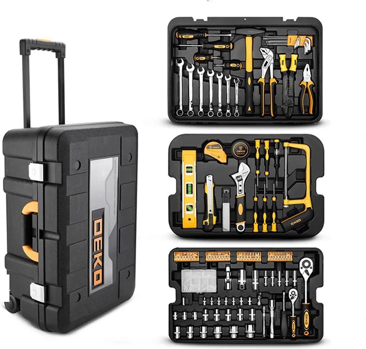 Deko Gereedschapskoffer Gevuld 258 Delig Hand gereedschapset Gereedschapskist Rolkoffer Toolbox 3 Laags Zwart Geel