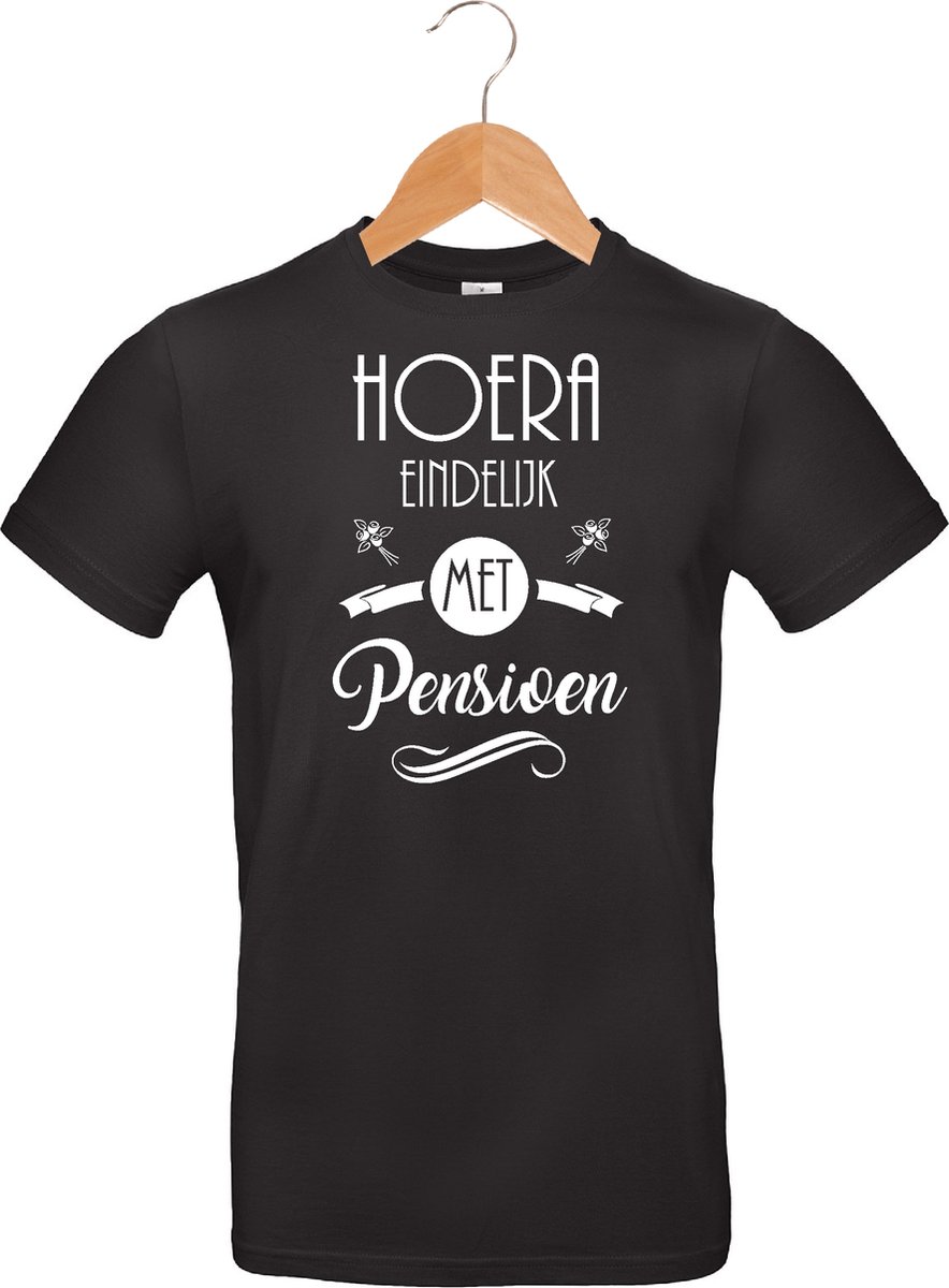 Mijncadeautje T-shirt - Hoera eindelijk met pensioen - - unisex - Zwart (maat XL)