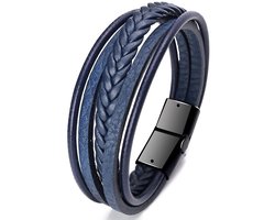 Armband Heren - Blauw Leer met Zwarte Sluiting - Leren Armbanden - Vaderdag Cadeau Geschenk - Mannen Cadeautjes Accesoires