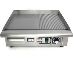 HCB® - Professionele Horeca Bakplaat - 1/2 geribbeld - 230V - RVS / INOX - Electrisch Grill apparaat - 47.5x55x22 cm (DxBxH) - 23 kg - 2569