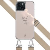 Hoesje met beige koord - Geschikt voor iPhone 15 - Cherish every moment - Verstelbaar & verwisselbaar koord - TPU backcover - Beige - Leuke Telefoonhoesjes