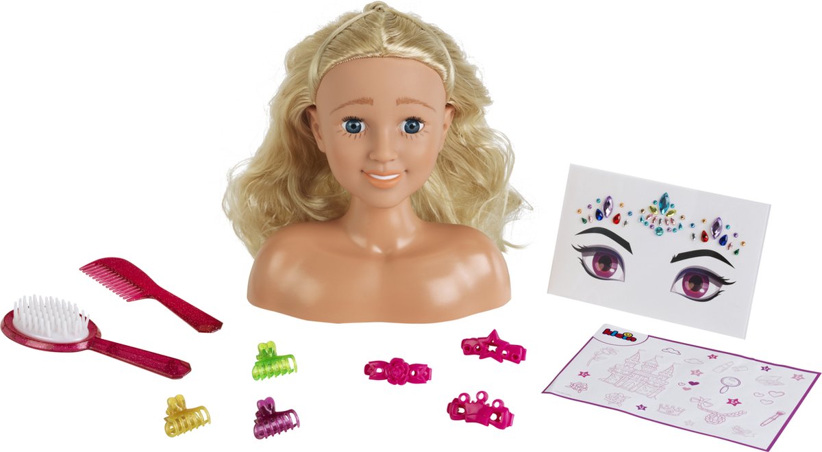 Klein Toys kaphoofd Sara - haarspeldjes, haarklemmen, kam, borstel, stickervel en make-uphart - dermatologisch geteste cosmetica - multicolor