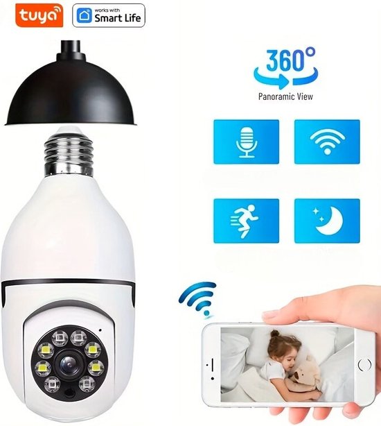 WiFi Beveiliging Camera "Tuya/Smartlife App" - 2,4Ghz - E27 gloeilamp aansluiting - 1080P - 360 Gemotoriseerd Draaibaar - Op afstand te bedienen van Merkloos — afbeelding 2