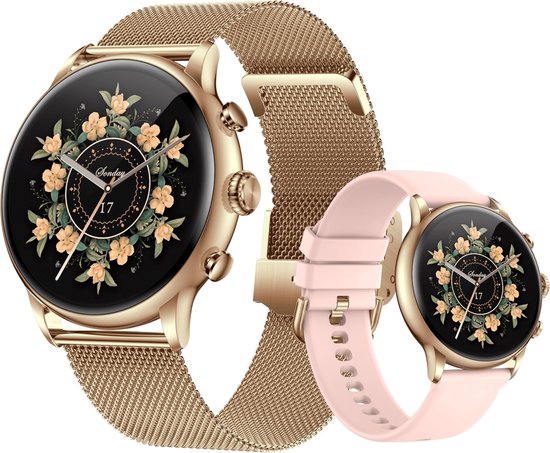 Smartwatch Royal Empire DT10 - AMOLED Scherm - Dames Smartwatch-Roze Goud - Smartwatch Dames - Extra Bandje - HD Touchscreen - Horloge - Stappenteller - Bloeddrukmeter - Saturatiemeter - Geschikt voor alle Smartphones - Rose Goud