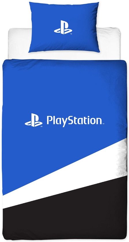 2-persoons jongens dekbedovertrek (dekbed hoes) “PlayStation banner” blauw / wit / zwart met officieel logo van spelcomputer Playstation en tekens van de controller knoppen tweepersoons 200 x 200 cm (gamer beddengoed tieners)