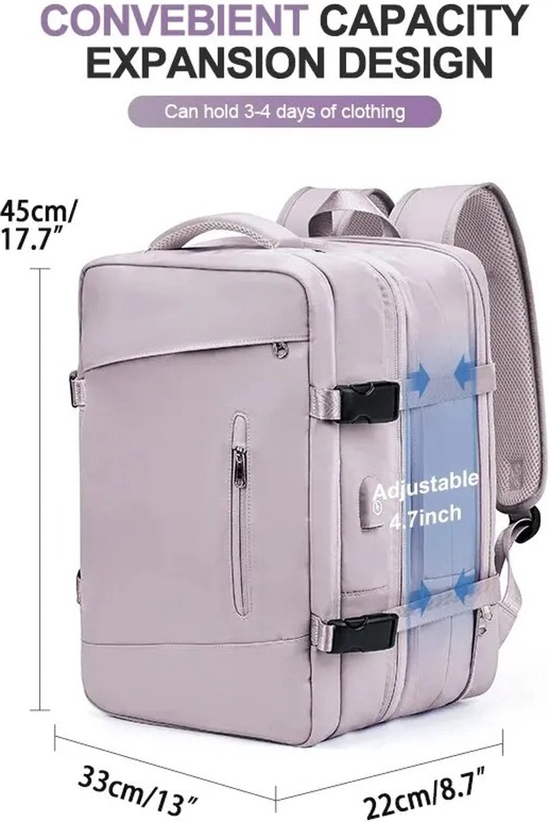 KOSMOS - Reistas - Rugzak - Handbagage - USB poort - Backpack - Waterafstotend - 55L - Roze