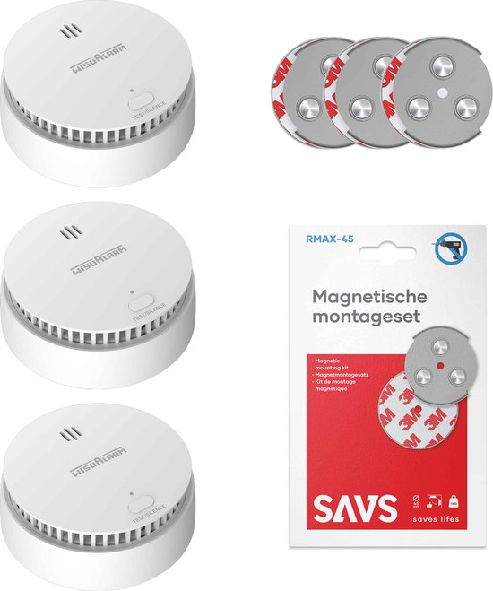 WisuAlarm SA20-A Rookmelder met magneet montage - 3 Rookmelders - 10 jaar batterij - Kan in de buurt van keuken en badkamer - Voldoet aan Europese norm - Brandalarm zonder boren