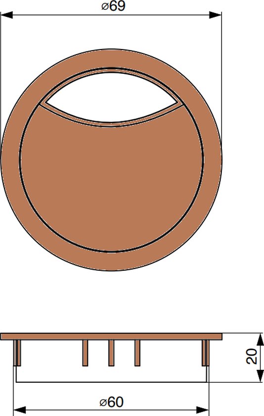 Technische tekening van een bruine kabeldoorvoer met afmetingen: buitendiameter ø69mm, boordiameter ø60mm, diepte 20mm.