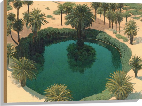 Hout - Schilderij - Kunst - Verven - Water - landschap - Palmbomen - Zand - 80x60 cm - 9 mm dik - Foto op Hout (Met Ophangsysteem)