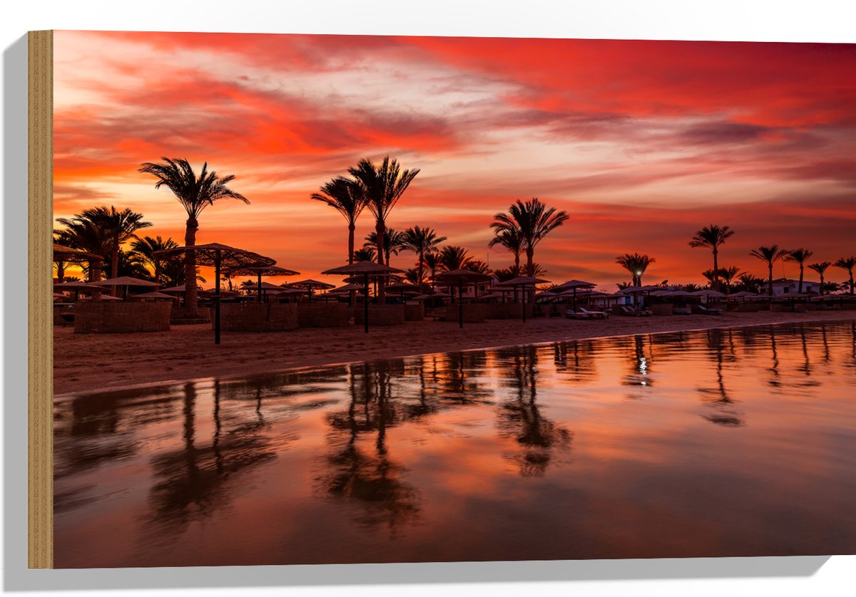 Hout - Strand - Zee - Zonsondergang - Parasols - Palmbomen - 60x40 cm - 9 mm dik - Foto op Hout (Met Ophangsysteem)
