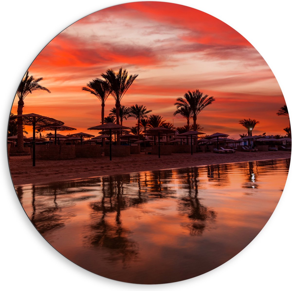 Dibond Muurcirkel - Strand - Zee - Zonsondergang - Parasols - Palmbomen - 80x80 cm Foto op
