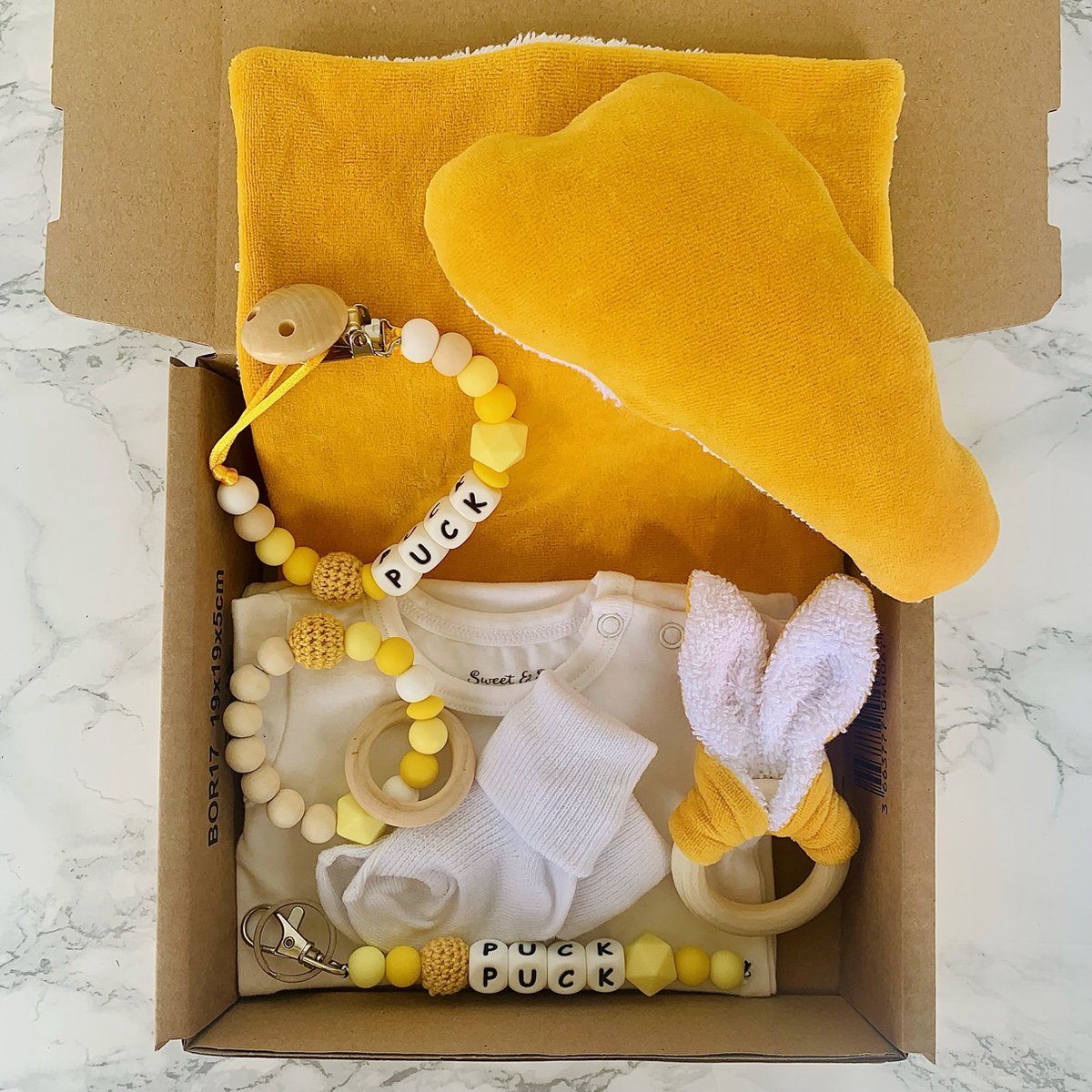 Goedkoopste Giftset babypakket - geel - gepersonaliseerd - verschillende maten