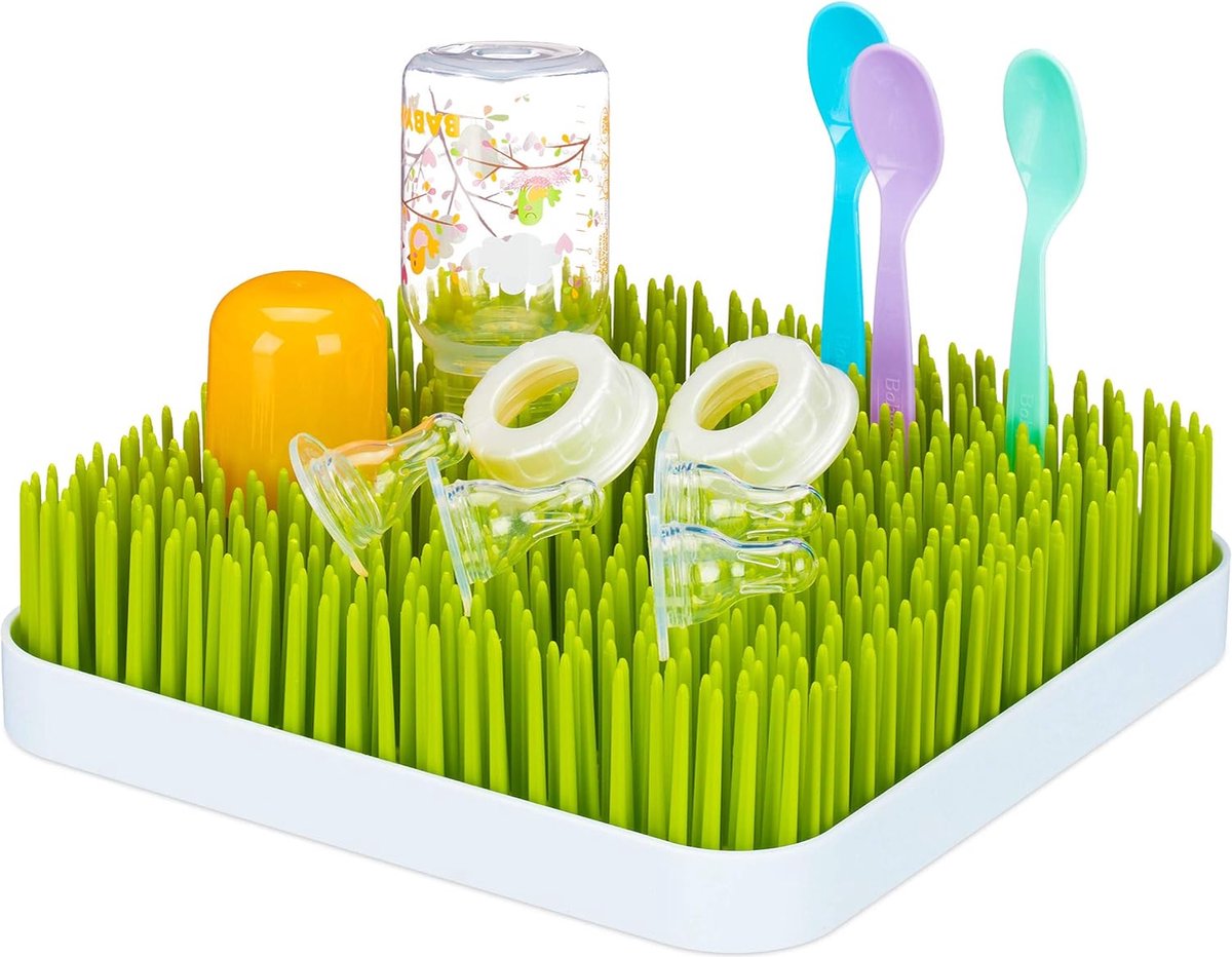 Afdruiprek babyflessen opvangbak gras-design flessendroger kunststof 23 x 23 cm groen wit