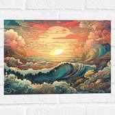 Muursticker - Schilderij - Oceaan - Zee - Golven - Zonsondergang - Wolken - Kleuren - 40x30 cm Foto op Muursticker