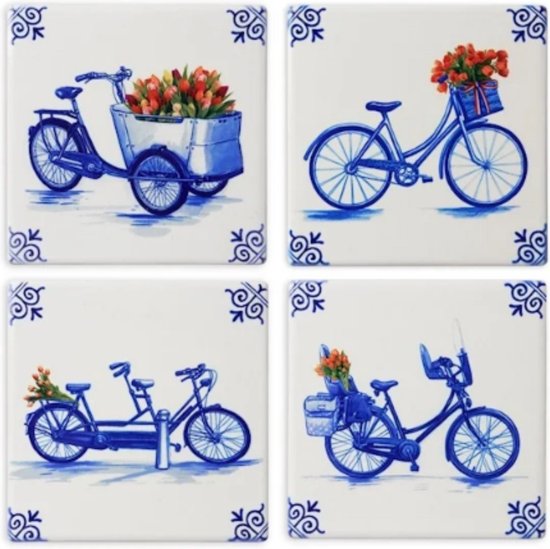 Heinen Delfts Blauw - Onderzetters 'Fiets' (Set van 4)