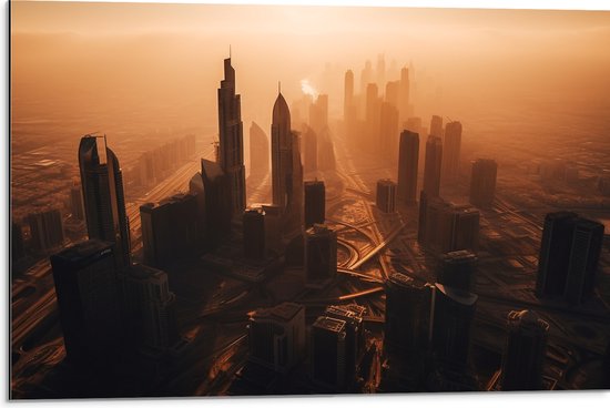 Dibond - Stad - Bovenaanzicht - Gebouwen - Zonsondergang - 75x50 cm Foto op Aluminium (Met Ophangsysteem)