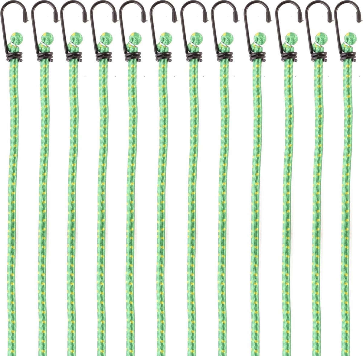 Set van 12 universele bagageriemen met haken, 46 cm lang, groen, extra sterk - riemen, elastische banden, expanders
