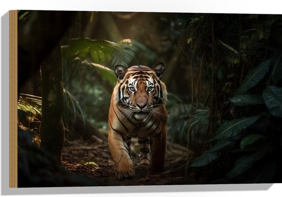 Hout - Tijger - Bos - Planten - Jagen - 60x40 cm - 9 mm dik - Foto op Hout (Met Ophangsysteem)