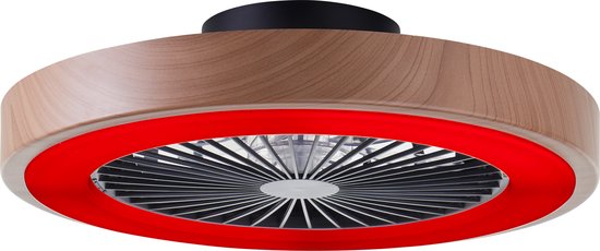 Ventilator met houten rand en rode verlichting.