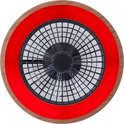Ventilator met houten rand en rode ringverlichting.
