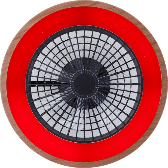 Ventilator met houten rand en rode ringverlichting.