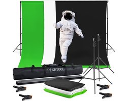 Pixetool Green Screen Doek 2,8 m x 1,8M met Achtergrondsysteem 2 x 2M - Fotostudio - Green Screen Studio - Greenscreens Doeken - Inclusief Zwart en Wit Achtergronddoek - Inclusief 4 klemmen