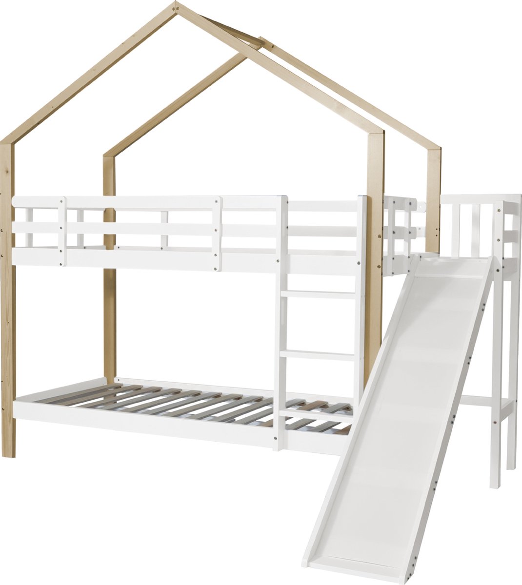 Merax Stapelbed 90x200 cm - Kinderbed met Glijbaan - Bed met Valbeveiliging - Wit met Naturel Bruin