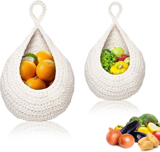 MDDK DY 3 stuks hangende fruitmand, hangende fruit- en groentemand, handgevlochten jute wandmand in de vorm van een waterdruppel, hangende opbergmand