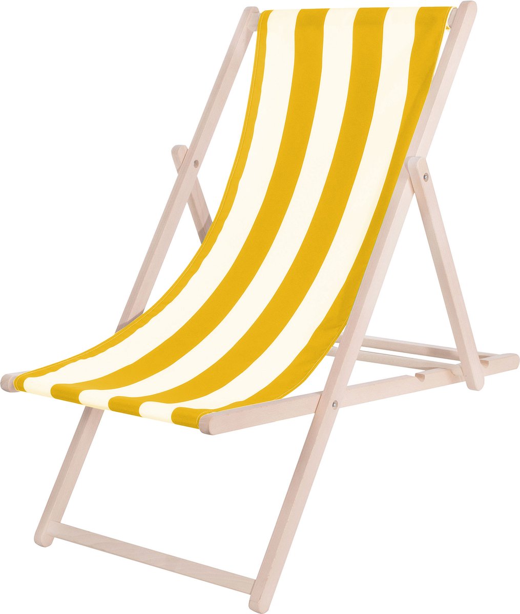 Bol.com Springos Strandstoel - Verstelbaar - Beukenhout - Hangemaakt - Geel/Wit aanbieding