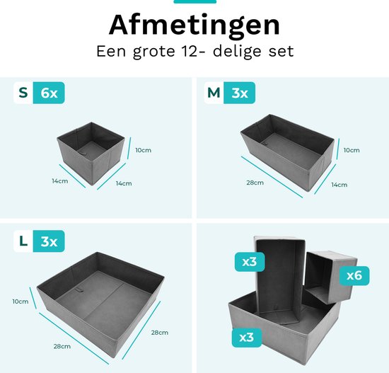 Dimensions d'un set de 12 boîtes de rangement grises: 6x S (14x14x10cm), 3x M (28x14x10cm), 3x L (28x28x10cm).
