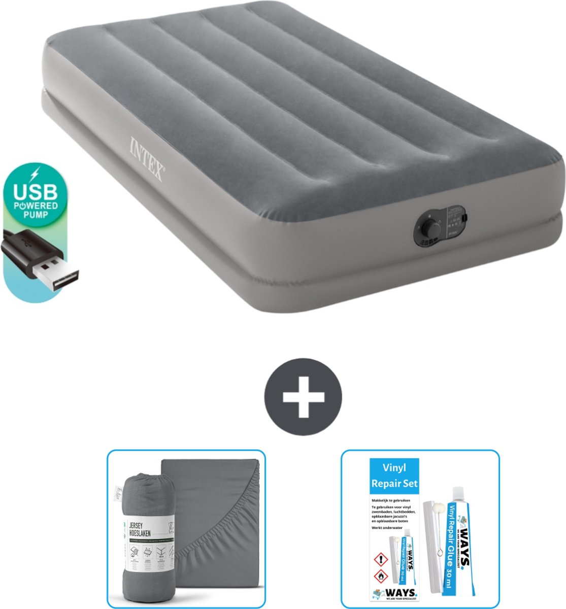 Intex Luchtbed - 1-Persoons - 99 x 191 x 30 cm - Grijs - Inclusief pomp - Hoeslaken en Reparatieset