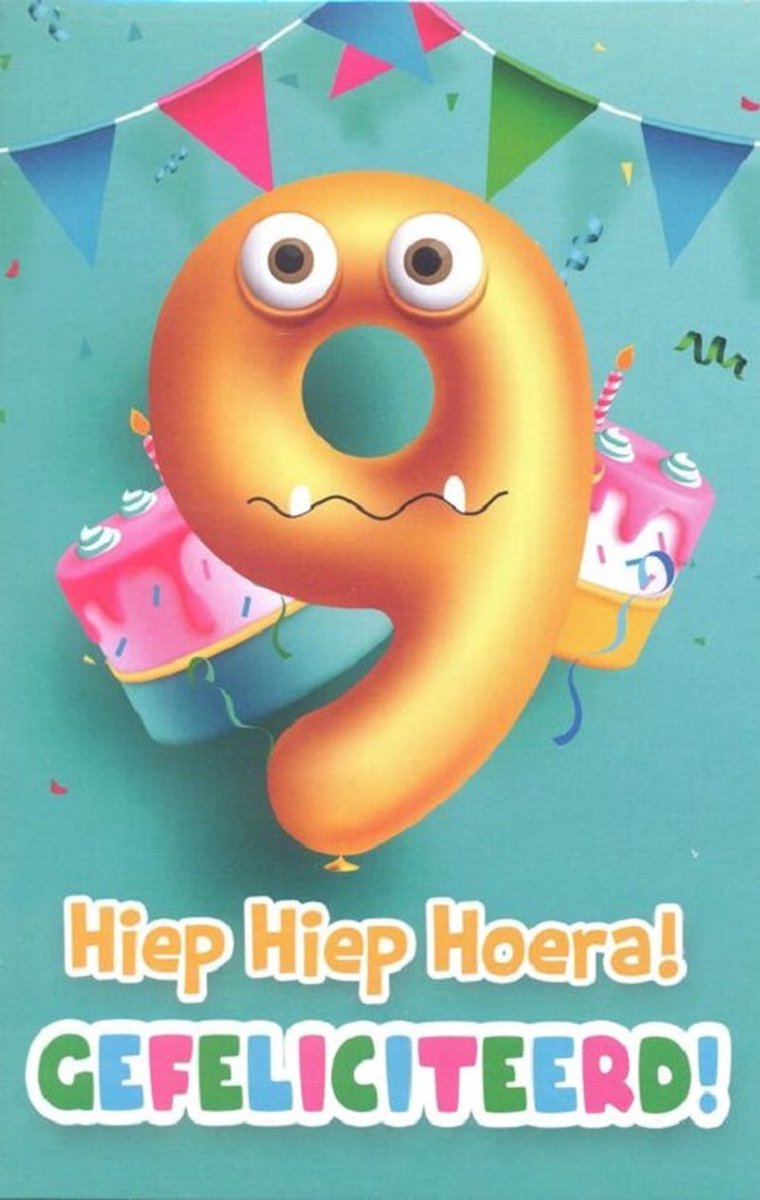 Wenskaart 9 Jaar Hiep Hiep Hoera Gefeliciteerd - Gratis verzonden