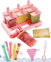 IJsvormen, 9 stuks ijslollyvormen, herbruikbaar, doe-het-zelf ideeën, ijsvormen, siliconen, BPA-vrij, 50 x zakken voor waterijsvormen met reinigingsborstel en vouwtrechter, roze