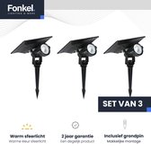 FONKEL® Set 3x LED Tuinspots voor Buiten Waterdicht IP65 Zwart - Solar Tuinverlichting Zonne Energie - Prikspots Buiten Warm Sfeerlicht 5 Watt - Met Aan- en Uitschakelaar - Verlichting Buiten
