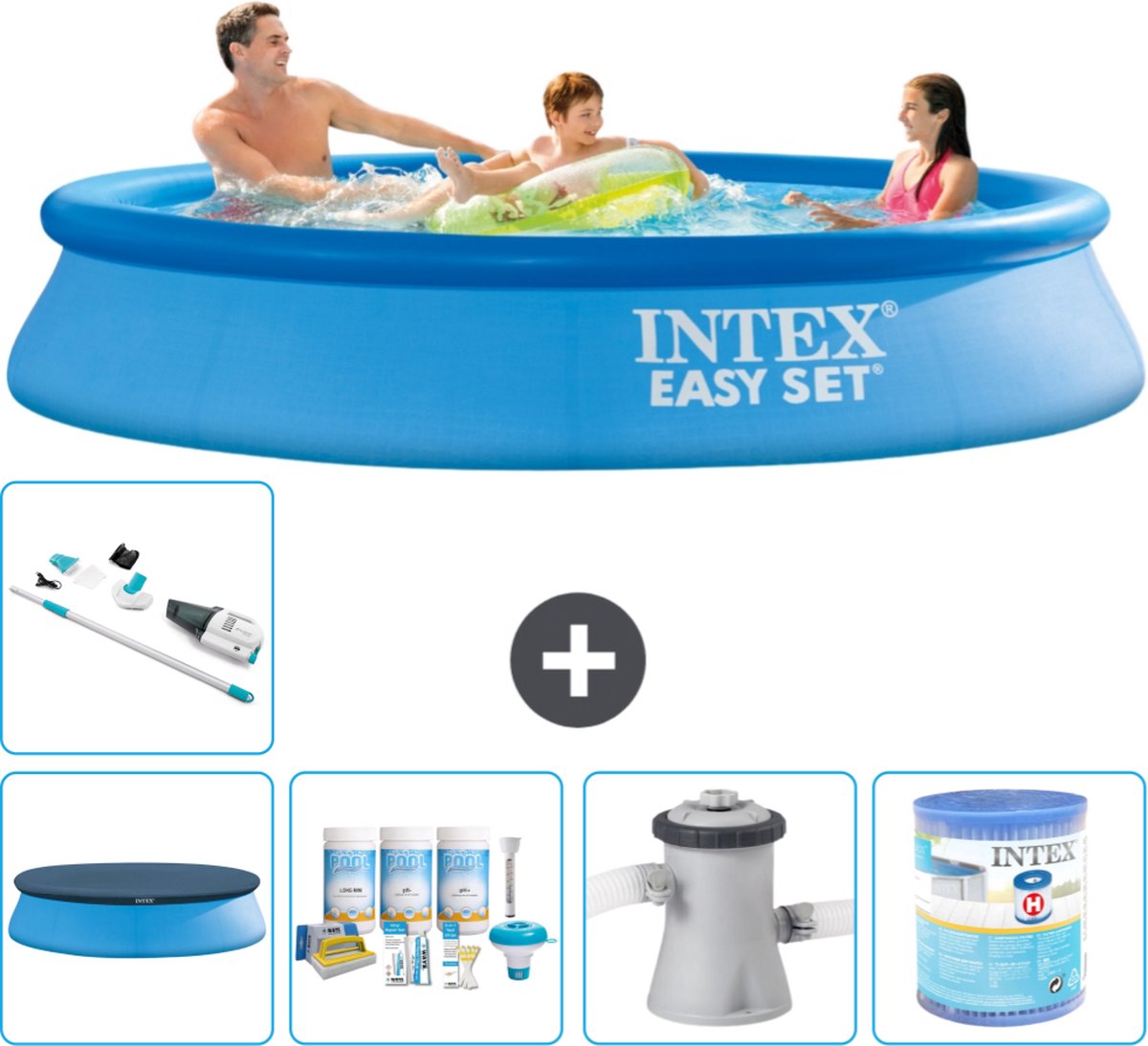 Intex Rond Opblaasbaar Easy Set Zwembad - 305 x 61 cm - Blauw - Inclusief Afdekzeil - Onderhoudspakket - Zwembadfilterpomp - Filter - Stofzuiger - 6-delig