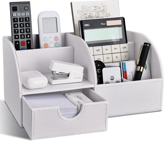 PU Lederen Bureau-organizer Set met Pennenhouders - Kantoor Opbergsysteem - Bureau Pennenpot voor Bureau (L-Wit)