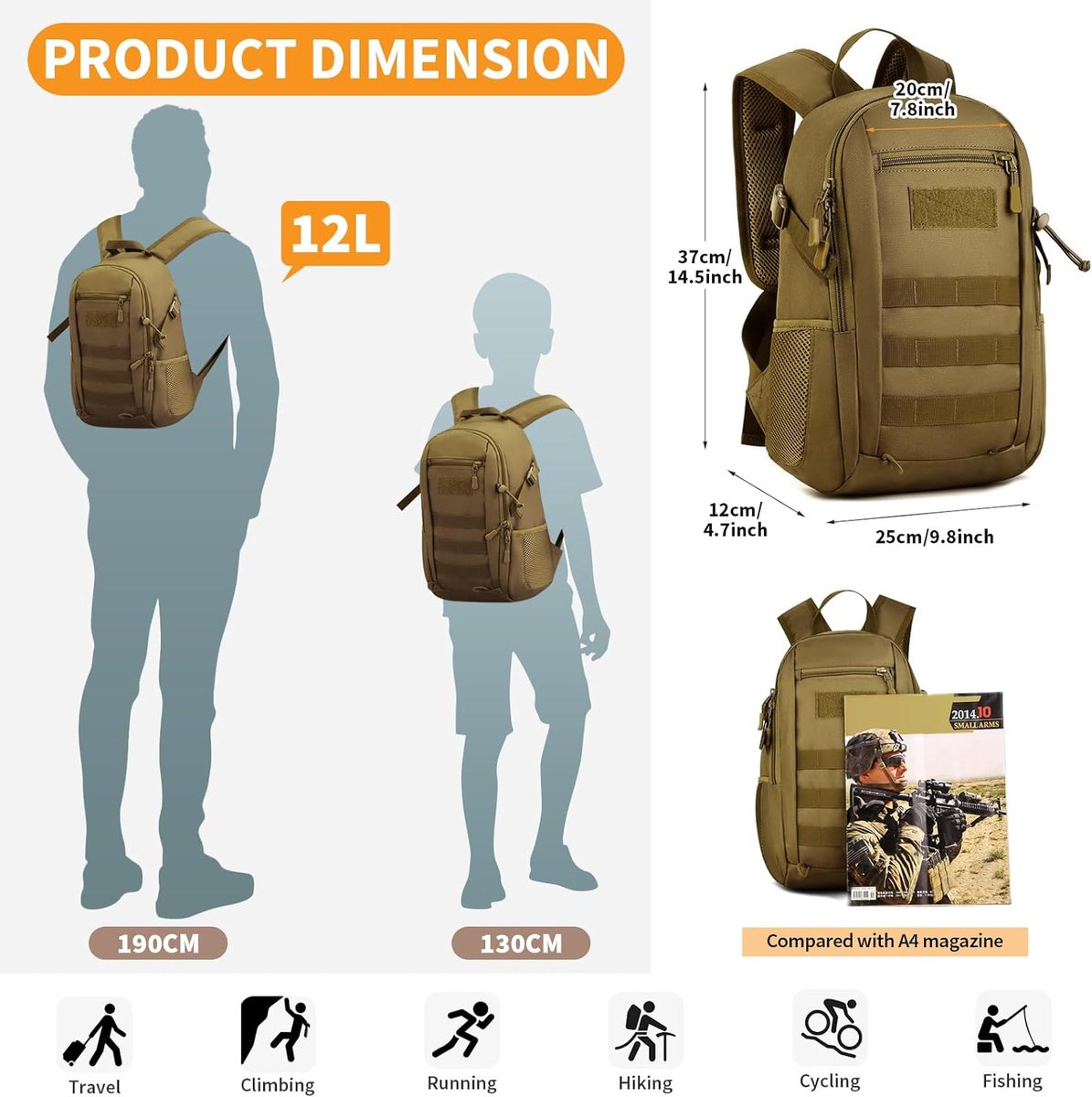 Sac à Dos Tactique Bethspec 20L – Imperméable, Système MOLLE, Pour Ordinateur 14 Pouces, Extérieur Et Trekking