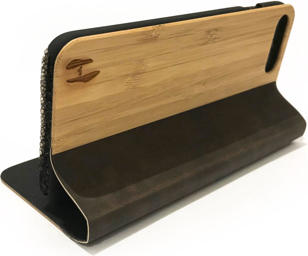 Houten design flip case, iPhone SE – Bamboe met bruin leer