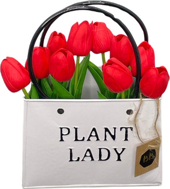 Plant Lady Vaas met Zijden Tulpen - HBX Natural Living - Vaas - Wit - 16,5cm x 18cm x 15cm