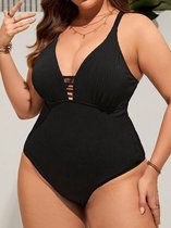 Sexy Badpak- Grote Maat Effen Kleur V-hals Hoog Uitgesneden Ribgebreide stof Zwempak- Badmode Zwemkleding Bikini Tank Strandkleding 997- Zwart- Maat XL